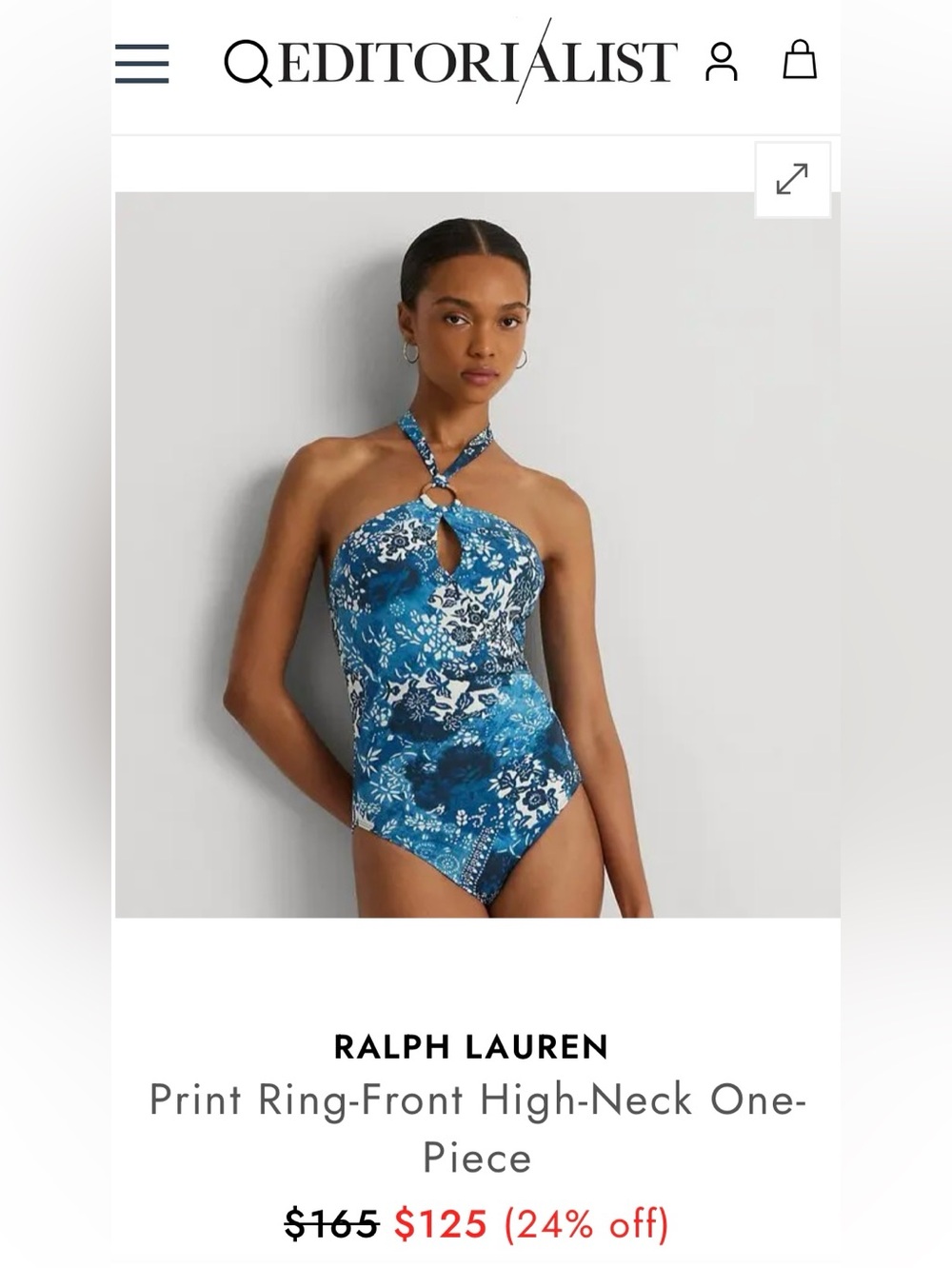$165 NWT Ralph Lauren Printed Ring Halter Neck One Piece Blue Floral Swimsuit